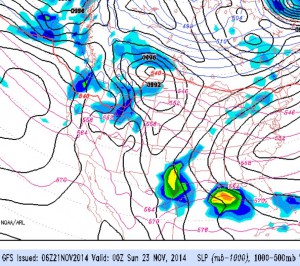 GFS model forecast for late Saturday